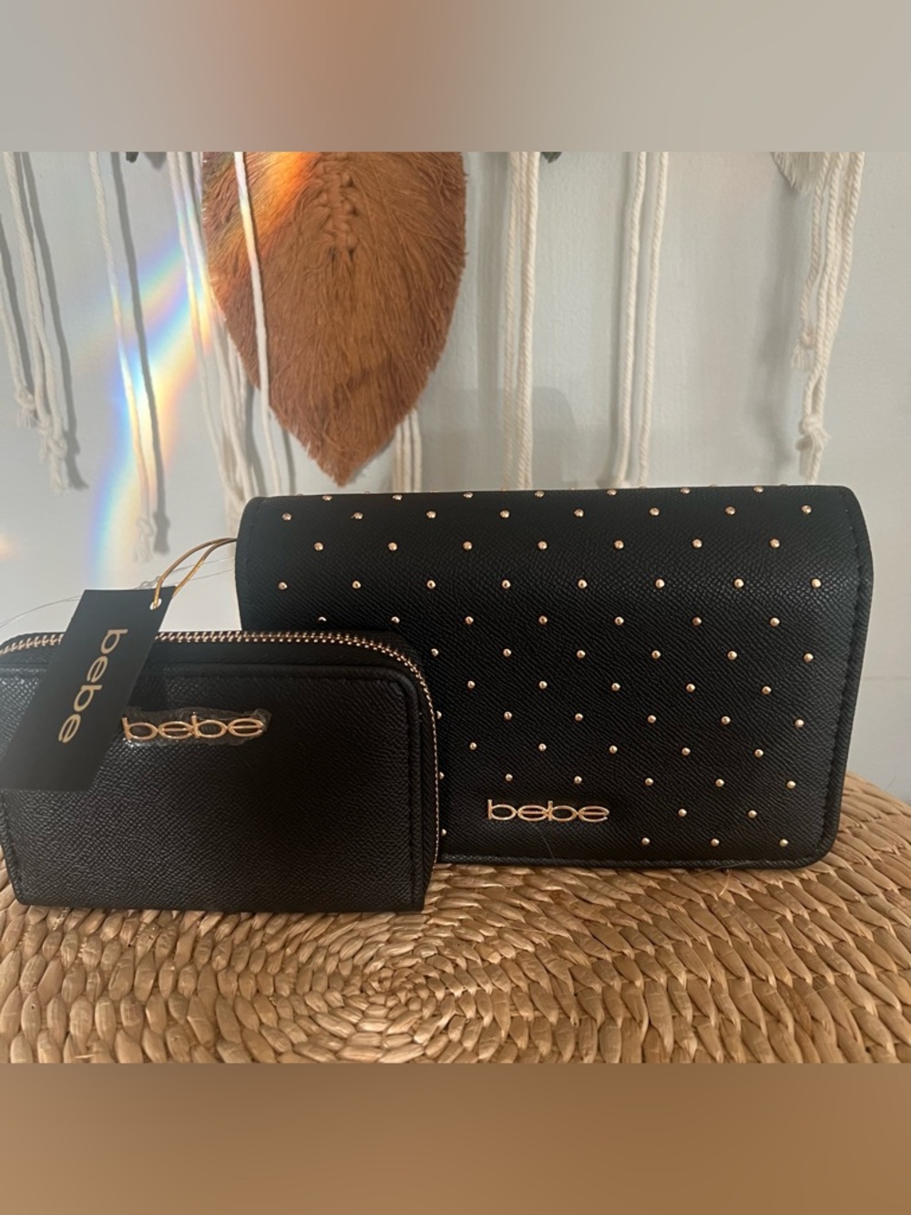 bebe Black Studded Clutch and Zip Wallet Set with Gold Accents